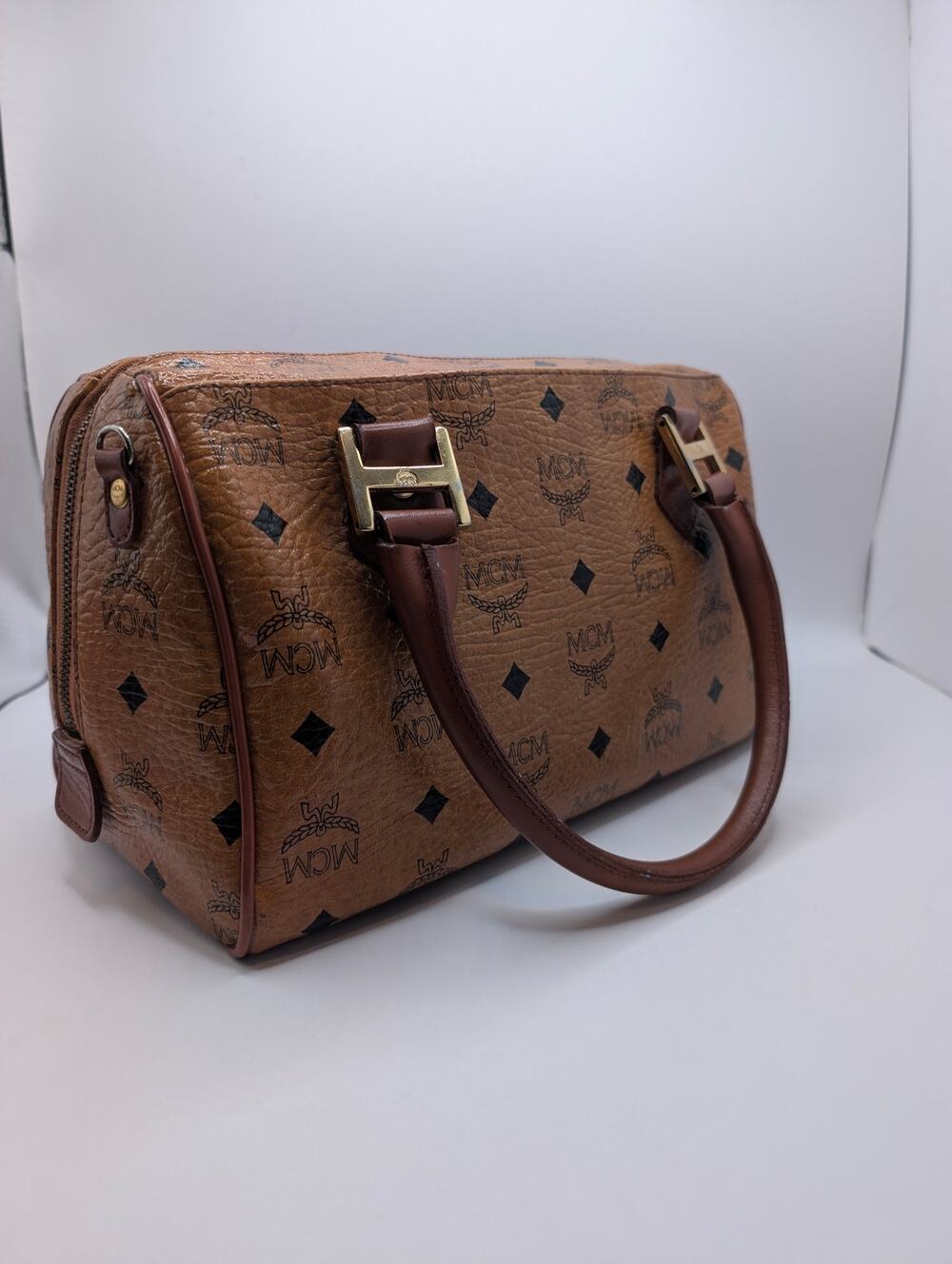 Authentic MCM Visetos Cognac Canvas Boston Bag Gold Hardware
